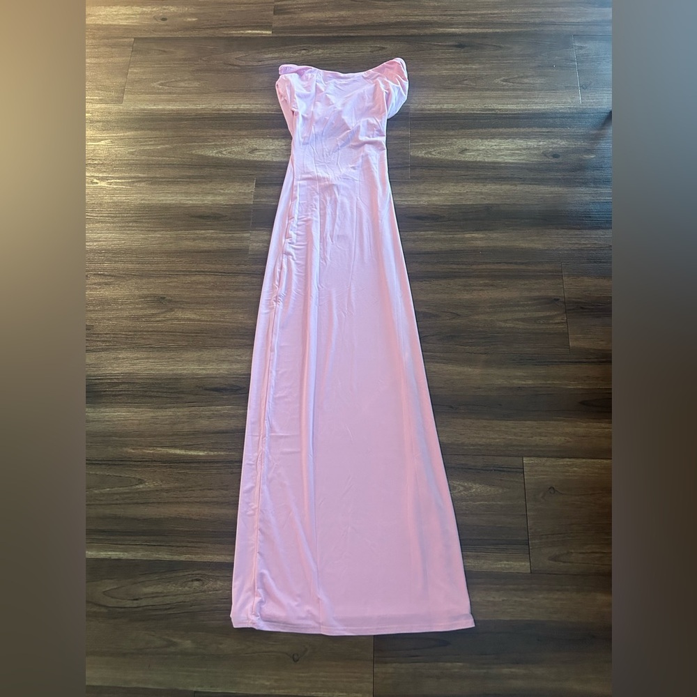 Elegant Pink Evening Gown: Off Shoulder Slinky Maxi Dress - Candy Pink
